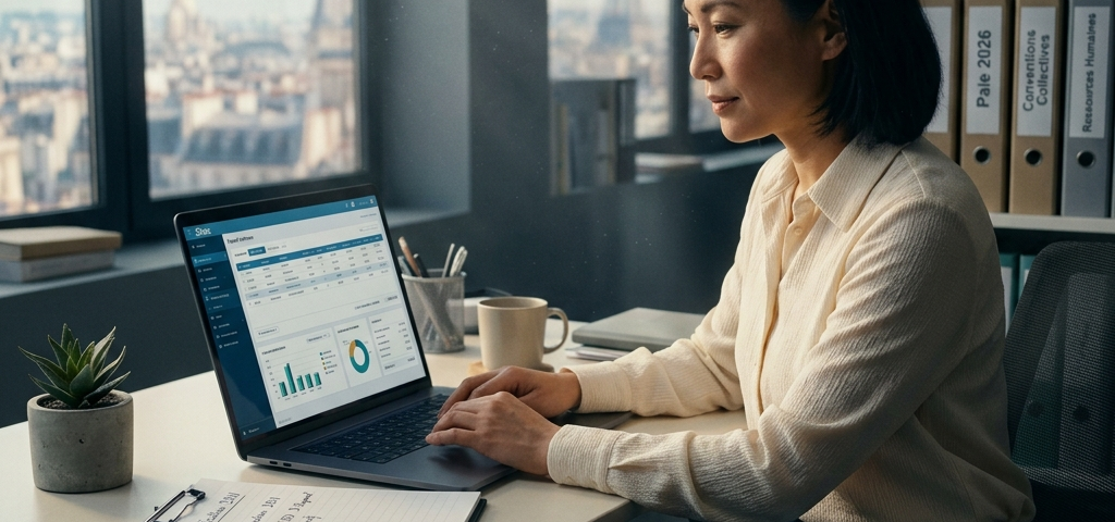Bureau moderne d’un gestionnaire de paie en 2026 : ordinateur avec logiciel de paie, bulletins de salaire et calculatrice sur un desk organisé, lumière naturelle, ambiance professionnelle