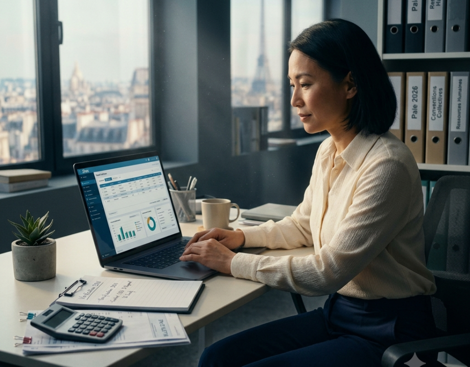Bureau moderne d’un gestionnaire de paie en 2026 : ordinateur avec logiciel de paie, bulletins de salaire et calculatrice sur un desk organisé, lumière naturelle, ambiance professionnelle