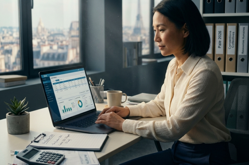 Bureau moderne d’un gestionnaire de paie en 2026 : ordinateur avec logiciel de paie, bulletins de salaire et calculatrice sur un desk organisé, lumière naturelle, ambiance professionnelle